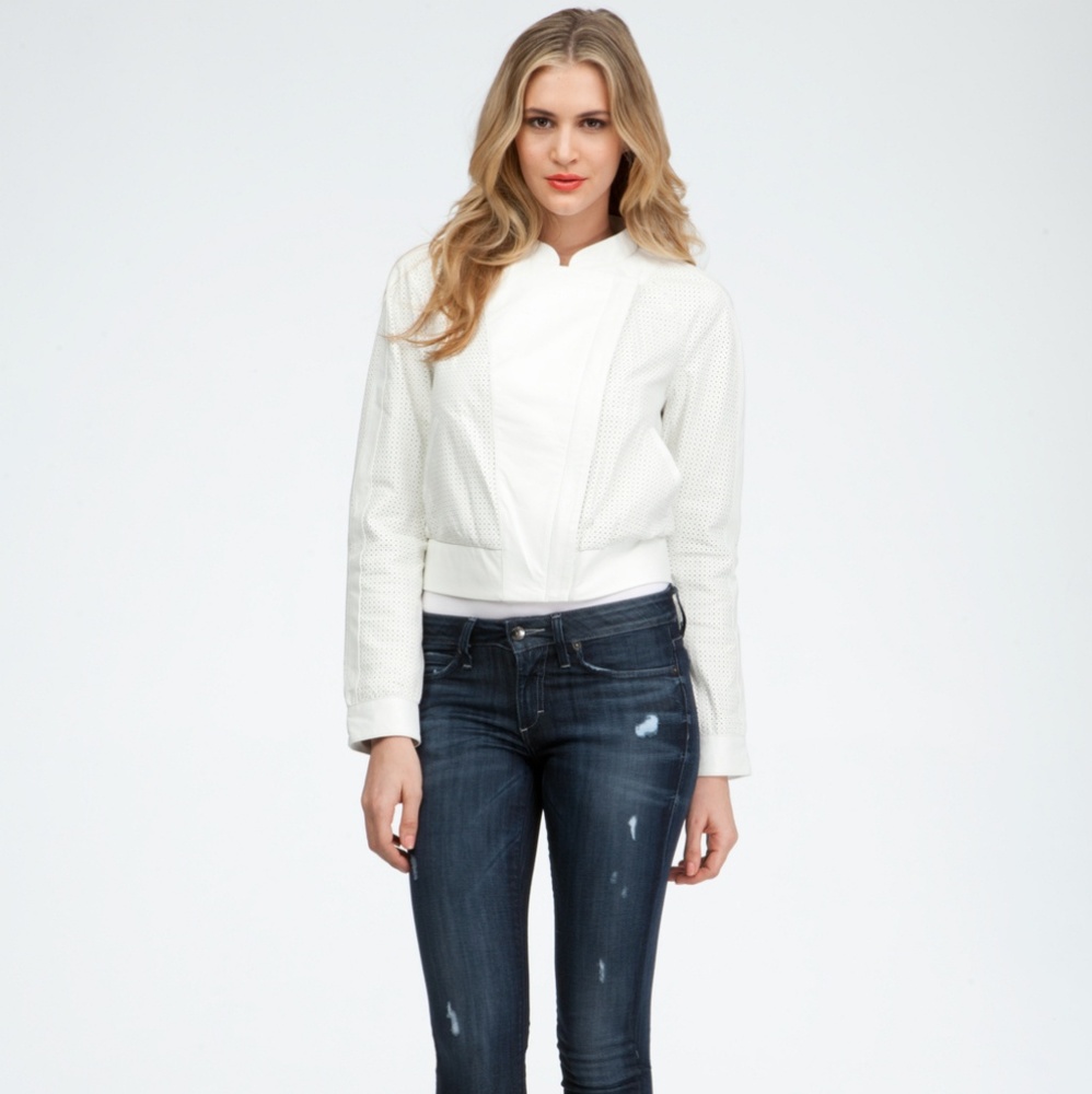 Bebe White Perforated Leather Bomber Jacket